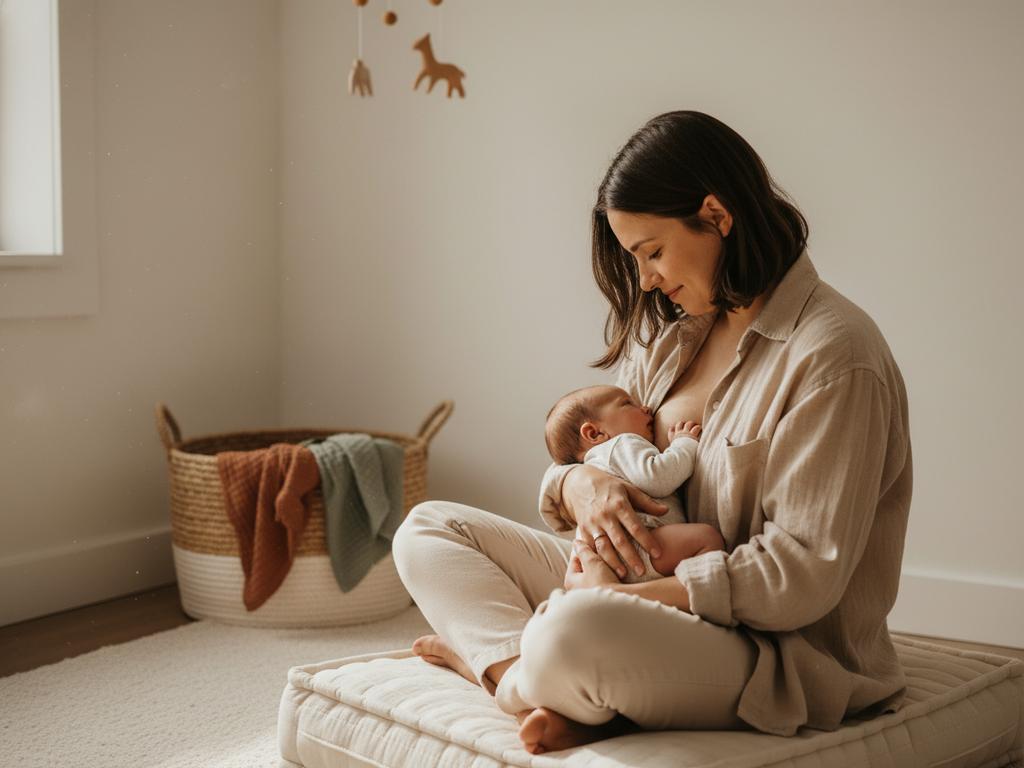 Fotorealistische Darstellung eines innigen Stillmoments zwischen Mutter und Neugeborenem in ruhiger Umgebung. Das Bild zeigt, wie emotionale Nähe, Achtsamkeit und Bindung das Fundament einer gesunden Eltern-Kind-Beziehung legen.