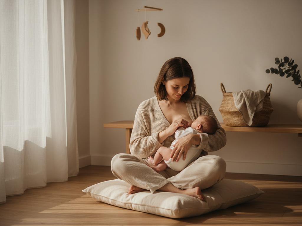 Fotorealistisches Bild eines achtsam gestalteten Babybereichs im Montessori-Stil. Es zeigt, wie alltägliche Rituale und klare Strukturen schon bei Neugeborenen ein Gefühl von Sicherheit und Selbstwirksamkeit fördern können.
