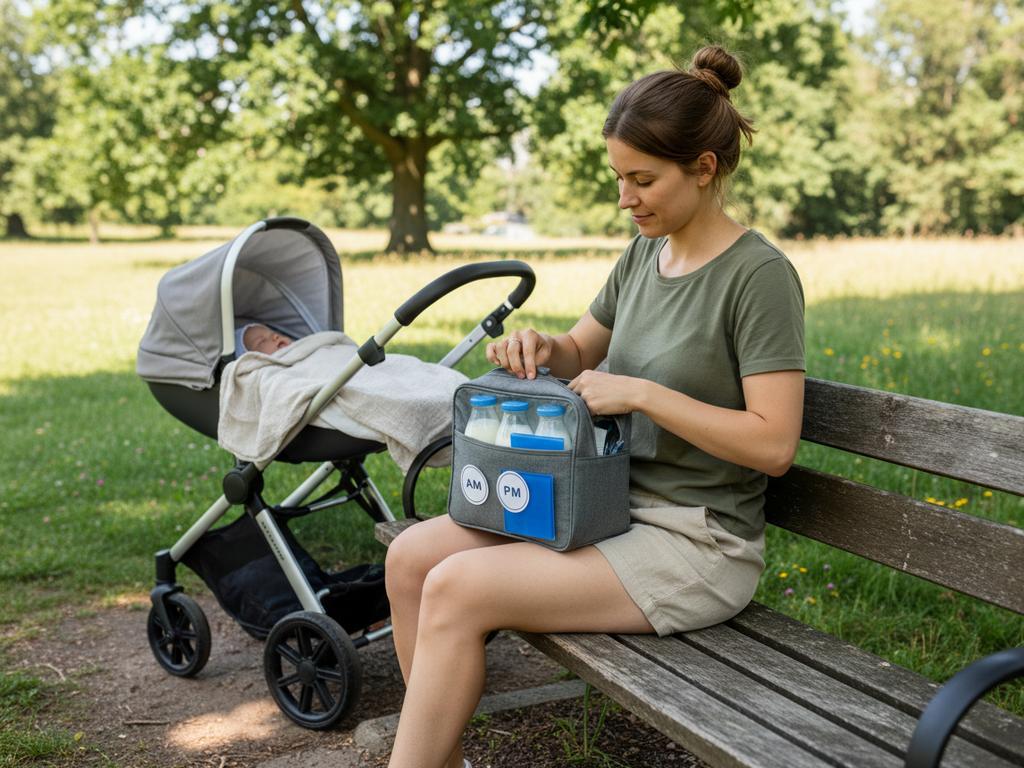 Fotorealistisches Bild einer modernen Mutter, die im Park eine Kühltasche mit Muttermilch vorbereitet. Es zeigt praktische Aufbewahrungsmöglichkeiten für Muttermilch auf einem Ausflug, eingebettet in einen natürlichen Outdoor-Kontext.