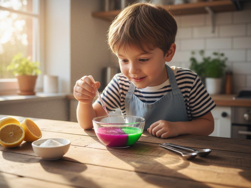 Ein Kind in der Küche beobachtet fasziniert, wie sich lila Rotkohlsaft durch die Zugabe von Zitrone bunt verfärbt. Ideal zur Darstellung kindgerechter Küchenexperimente.