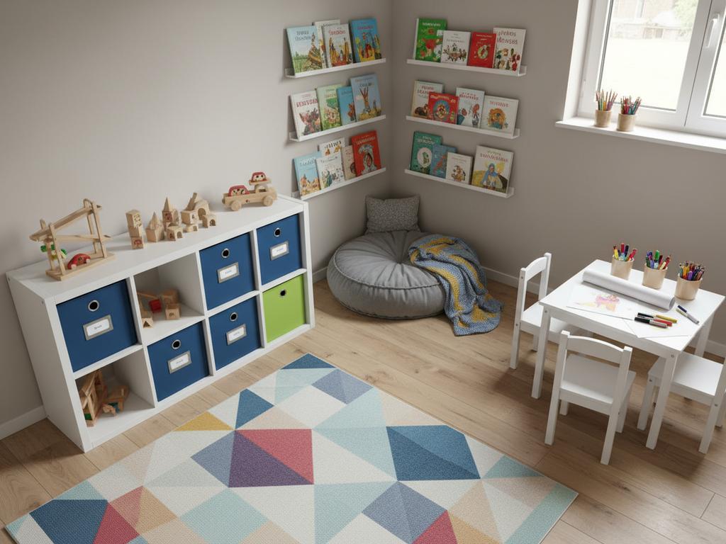 Fotorealistisches Bild eines gut strukturierten Jungenzimmers mit klar abgetrennten Zonen für Spiel, Ruhe und Kreativität. Die Darstellung betont Ordnung durch kindgerechte Möbel, farbcodierte Kisten und ein freundliches, einladendes Raumdesign.