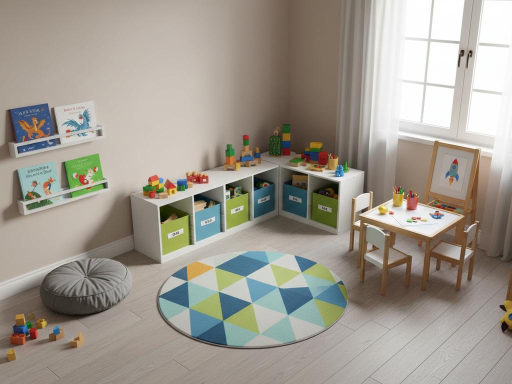 Fotorealistisches Bild eines Grundschulkindes, das selbstständig Spielzeug in beschriftete Aufbewahrungsboxen sortiert. Die Szene vermittelt kindgerechte Ordnung, Selbstständigkeit und eine positive Aufräumroutine.