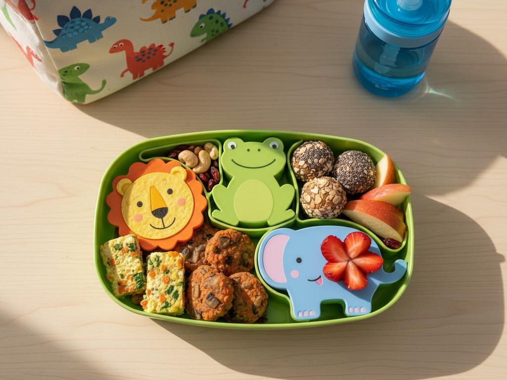 Fotorealistisches Stillleben von gesunden, proteinreichen Snacks für Kinder, präsentiert in einer farbenfrohen Bento-Box. Ideal für Schule oder Kita, mit Snacks wie Hüttenkäse-Gemüse-Riegeln, Mini-Frikadellen und Energy Balls. Das Bild spiegelt gesunde Ernährung und kindgerechte Präsentation wider.