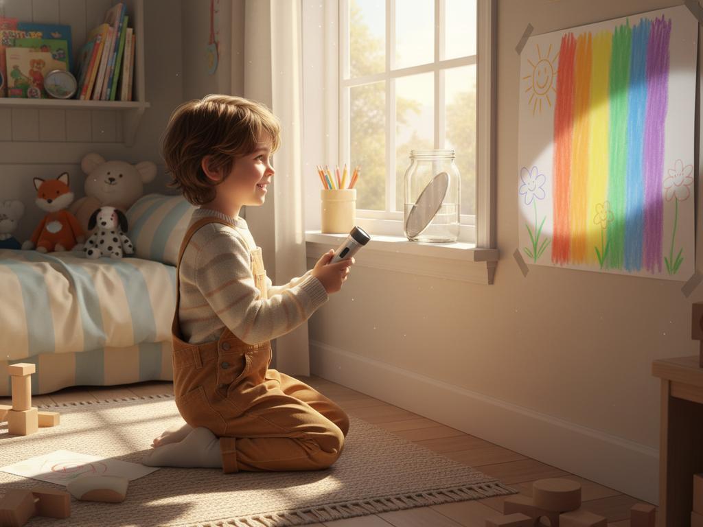 Ein Kind projiziert mit Glas und Spiegel einen Regenbogen an die Wand – ein Experiment voller Staunen im eigenen Zuhause.