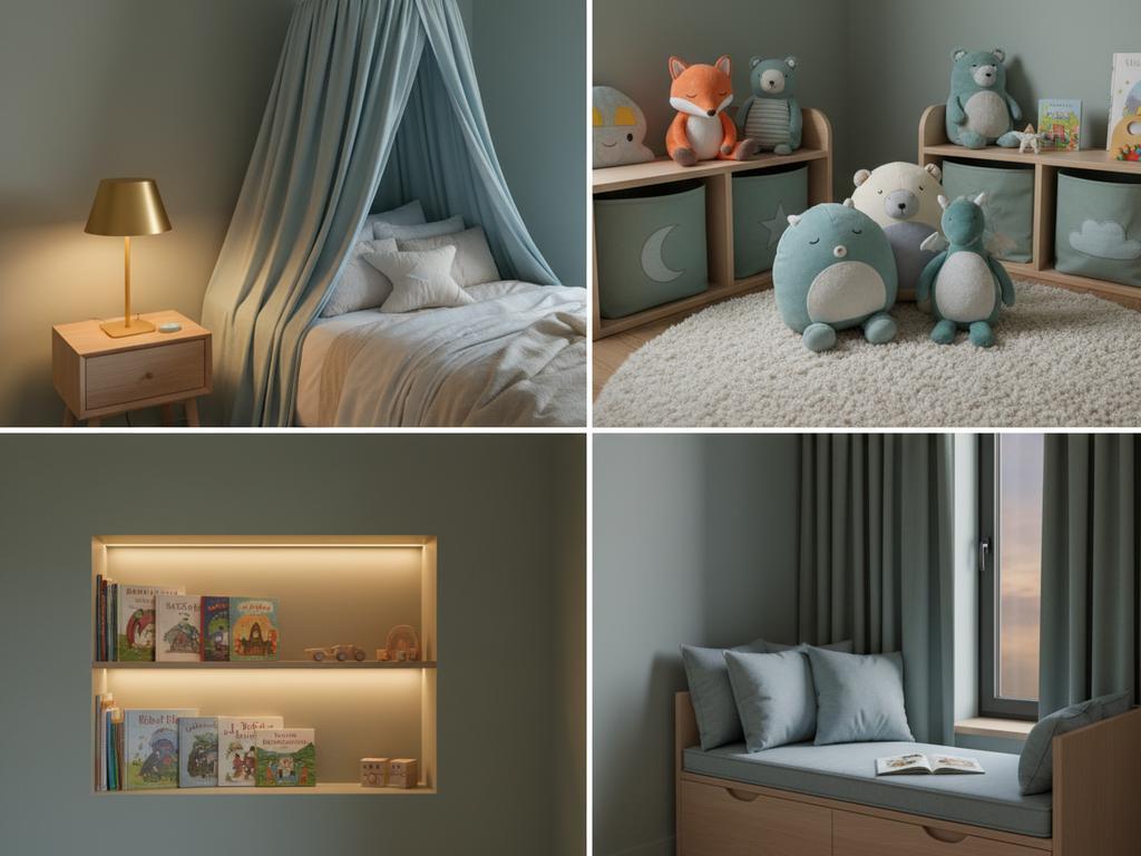 Ein sanft beleuchtetes Kinderzimmer in ruhigen Farben und mit gemütlicher Kuschelecke – ideal, um zur Ruhe zu kommen und friedlich einzuschlafen.