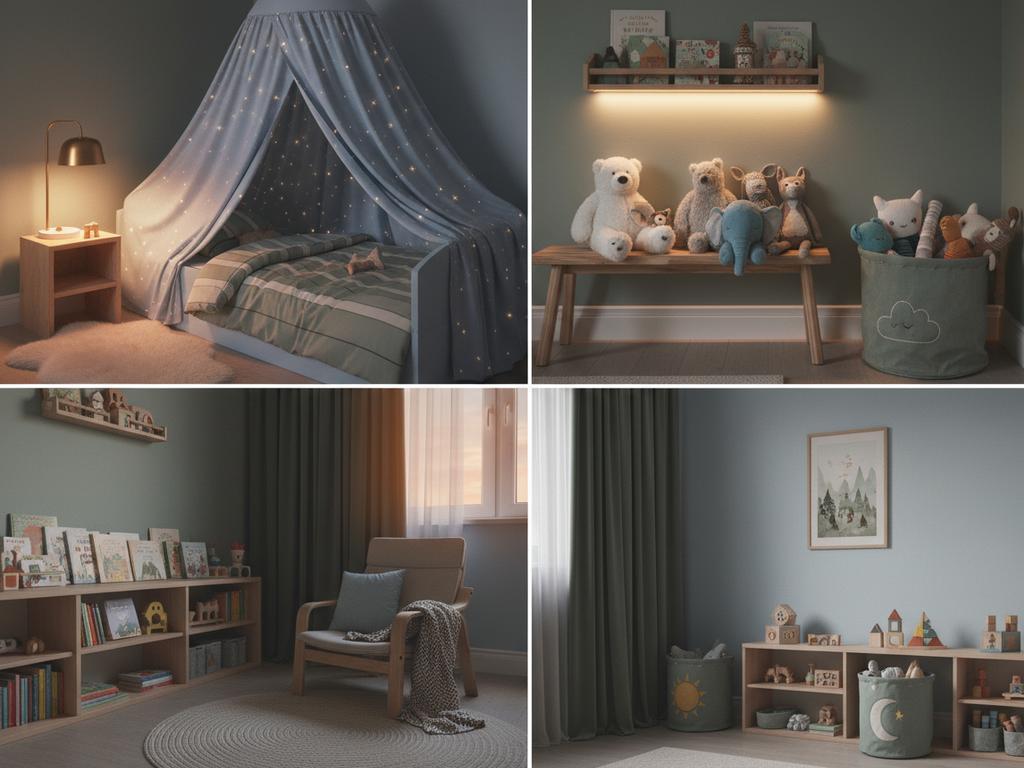 Ein kindgerechtes, ruhiges Schlafumfeld mit klarer Raumaufteilung, freundlichen Farben und sanften Materialien – perfekt für erholsamen Kinderschlaf.