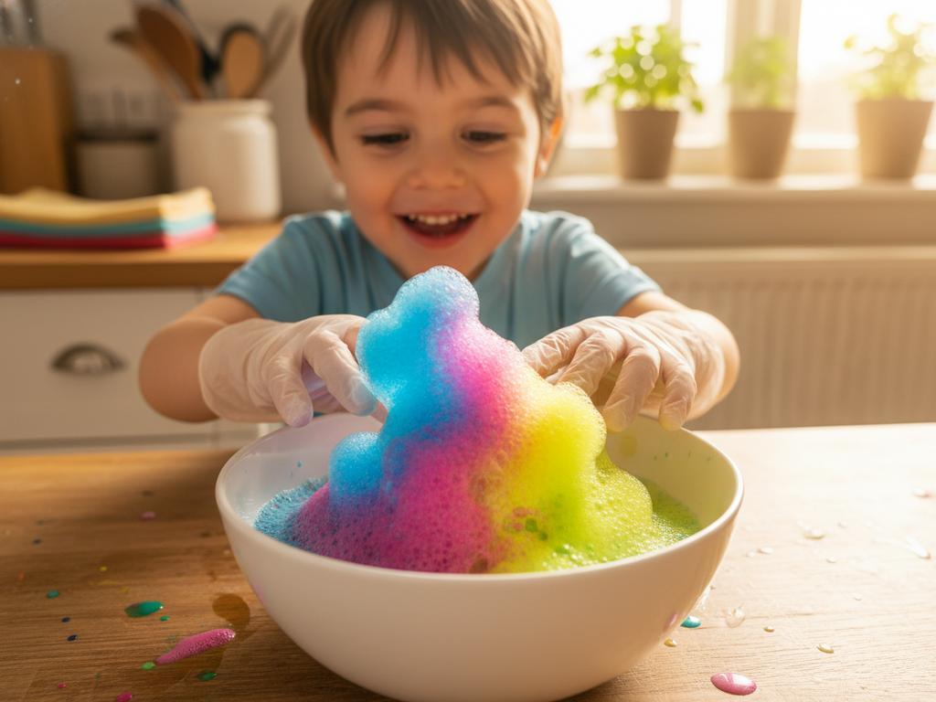 Ein Kind beobachtet fasziniert eine sprudelnde Reaktion aus Backpulver, Lebensmittelfarbe und Essig – ein DIY-Experiment, das die Sinne weckt.