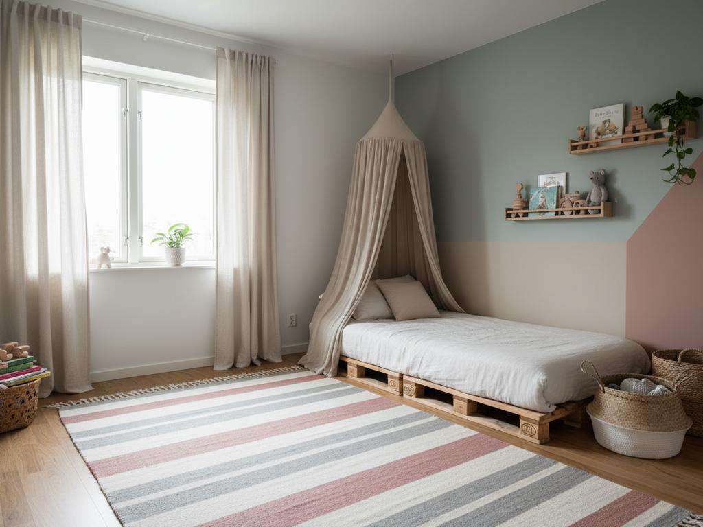 Ein fotorealistisches Kinderzimmer mit skandinavischem Flair: Helle Pastelltöne, Naturholz, strukturierte Textilien und minimalistische Möbel sorgen für eine freundliche und beruhigende Atmosphäre. Perfekt geeignet zur Illustration moderner Einrichtungsideen für Familien.
