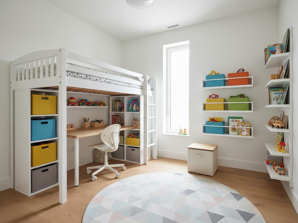 Fotorealistische Darstellung eines kleineren Kinderzimmers mit platzsparenden Lösungen: Hochbett mit integriertem Schreibtisch, offene Regale in kindgerechter Höhe und bunte Aufbewahrungsboxen. So wird Stauraum zum Alltagshelfer.