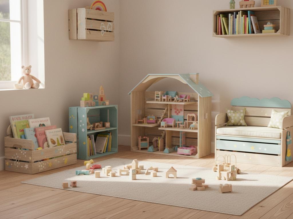 Ein fotorealistisches Bild eines stilvollen Kinderzimmers, in dem alte Weinkisten farbenfroh in Regale, Sitzmöbel oder ein Puppenhaus verwandelt wurden – ideal zur Illustration nachhaltiger Einrichtungsideen im Familienalltag.
