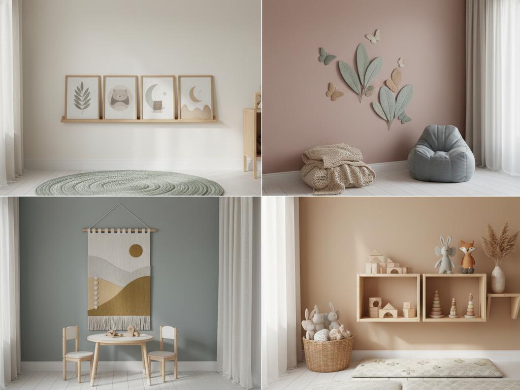 Pinterest-Collage mit vier fotorealistischen Szenen zur Wandgestaltung im Montessori-Zimmer für Kinder von 0–3 Jahren.