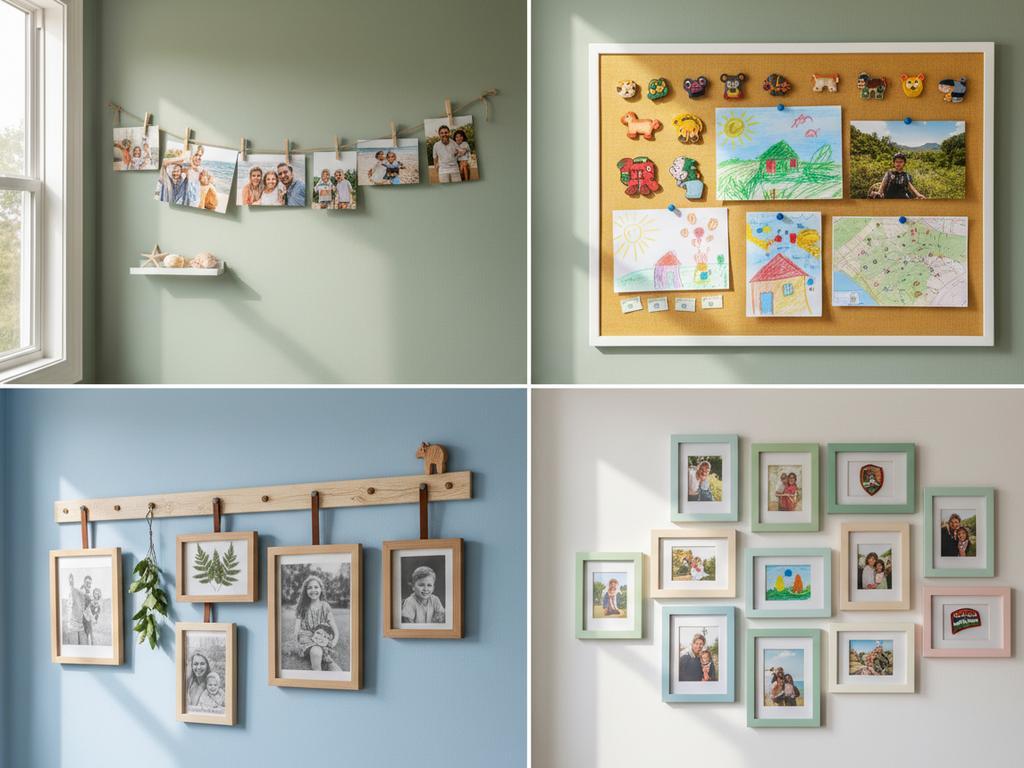 DIY-Ideen für eine persönliche Fotowand im Kinderzimmer mit emotionalen Familienmomenten, Bastelarbeiten und kleinen Erinnerungsstücken in vier zusammenpassenden Pinterest-Bildmotiven.