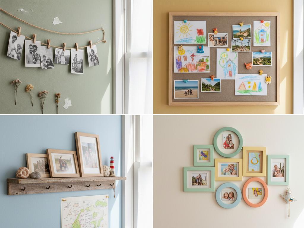 Visuelle Szene in vier Bildern: Kinder beteiligen sich aktiv an der Wandgestaltung mit Bildern und Kunstwerken – kreativ, authentisch und voller Freude.