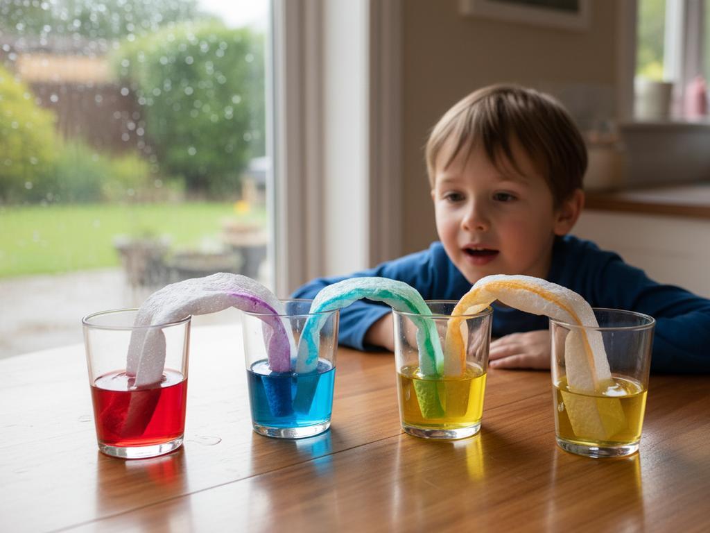Ein Kind beobachtet fasziniert, wie sich bunte Wasserfarben durch ein Küchenpapier zwischen Gläsern ziehen – das Kapillaritätsexperiment als visuell beeindruckendes Spiel für Regentage.