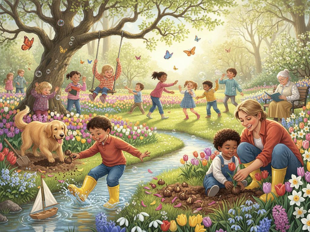 Ein fotorealistisches Frühlingsbild zeigt spielende Kinder in einem liebevoll gestalteten Garten mit Tulpen, Gänseblümchen, Tieren und vielfältigen Alltagsszenen – ideal zur Visualisierung sprachfördernder Wimmelbilder im Frühling.