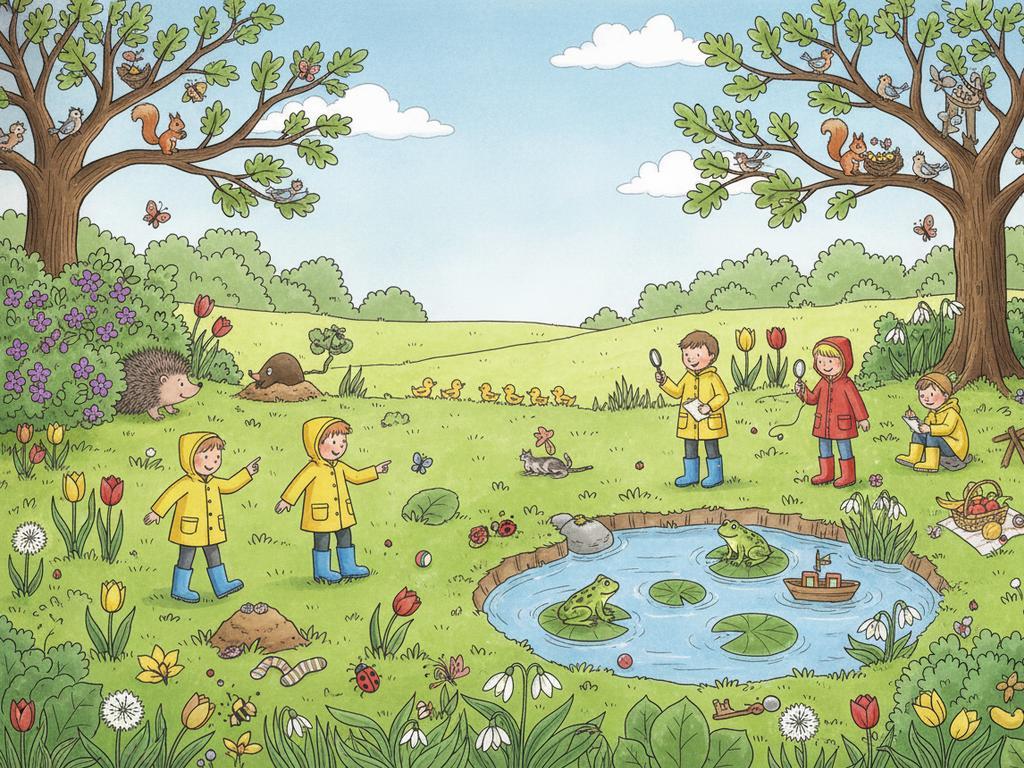 Ein detailreiches Wimmelbild für Vorschulkinder zeigt eine lebendige Frühlingsszene mit Tieren, Pflanzen und spielenden Kindern in einer Naturwiese.