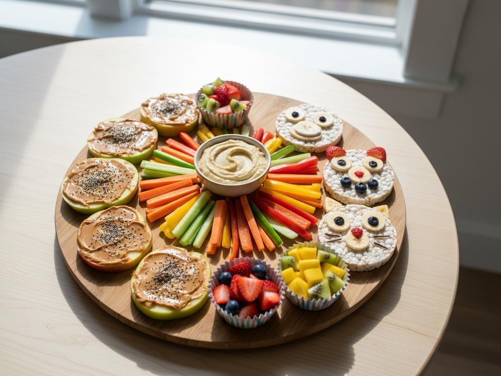 Eine farbenfrohe Auswahl an kindgerechten, zuckerfreien Snacks wie Apfel-Erdnuss-Sandwiches, Gemüsesticks mit Hummus und Reiswaffel-Tiergesichtern auf einer Holzplatte – ideal zur Illustration von gesunder Kinderernährung.