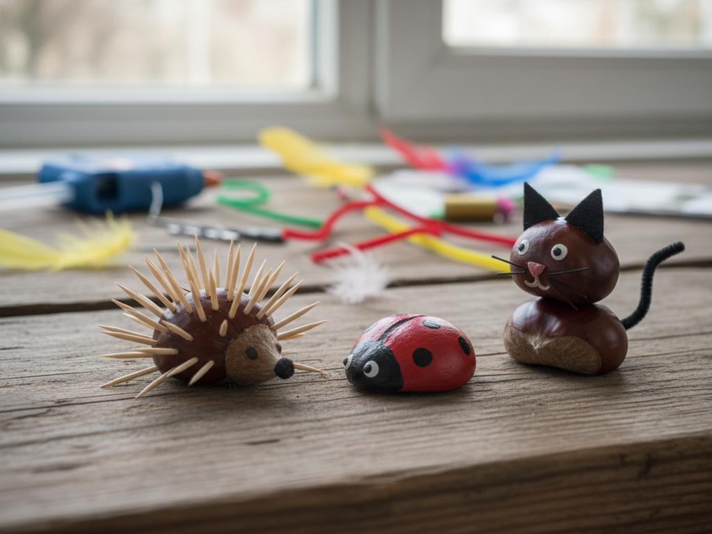 Fotorealistische Nahaufnahme von süßen Tierfiguren aus Kastanien mit Zahnstochern und Filz, gebastelt auf einem Holztisch im Herbst.