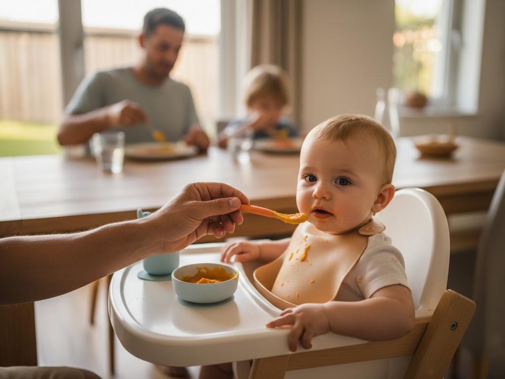 Fotorealistische Szene eines Babys beim ersten Löffel Gemüsebrei am Familientisch, das den entspannten Start mit Beikost und gemeinsamen Mahlzeiten zeigt.