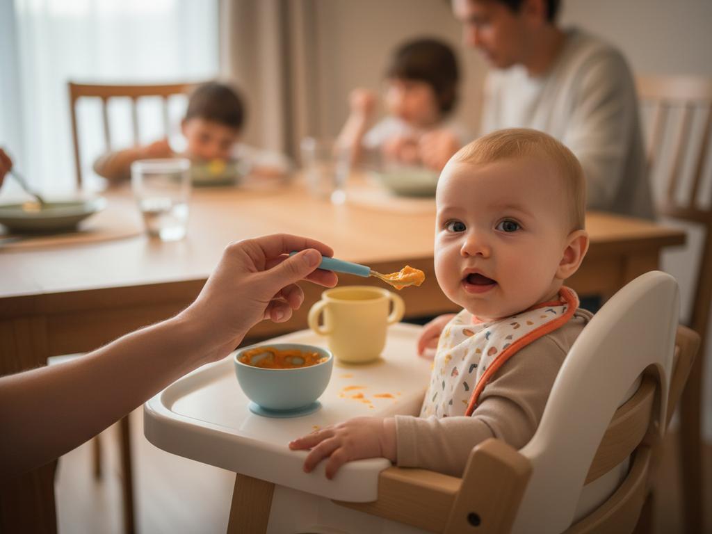 Fotorealistisches Top-Down-Bild eines vorbereiteten Beikost-Mahlzeitenplans mit verschiedenen Breien, Fingerfood und eingefrorenen Portionen zur stressfreien Babyernährung.