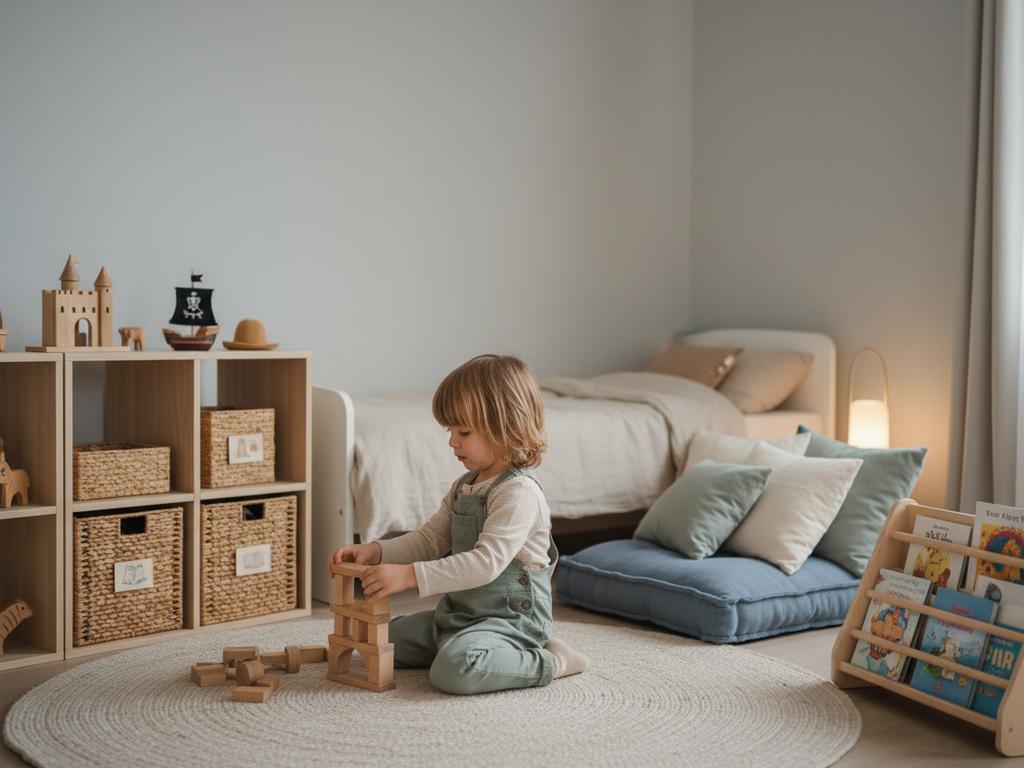 Fotorealistische Spielecke in einem modernen Kinderzimmer mit niedrigen Regalen, offener Aufbewahrung und kindgerechter Gestaltung für selbstständiges Spielen.