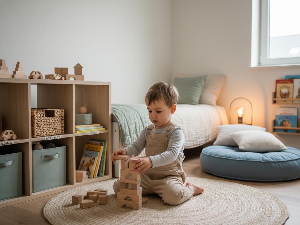 Fotorealistische Draufsicht auf ein Kinderzimmer mit klar erkennbaren Schlaf-, Spiel-, Stauraum- und Lernbereichen zur strukturierten Raumplanung.