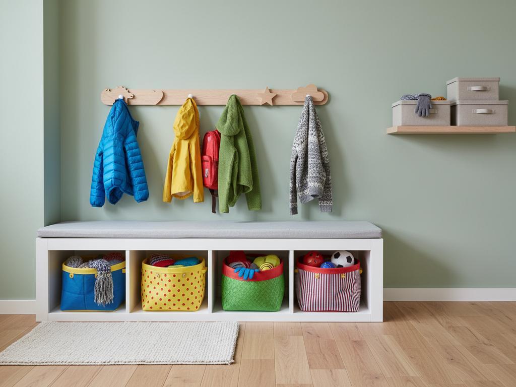 Fotorealistische Darstellung einer kindgerechten Kinderzimmer-Garderobe auf Kinderhöhe mit Sitzbank, Haken und Kisten als Inspiration für mehr Ordnung und Selbstständigkeit im Alltag.