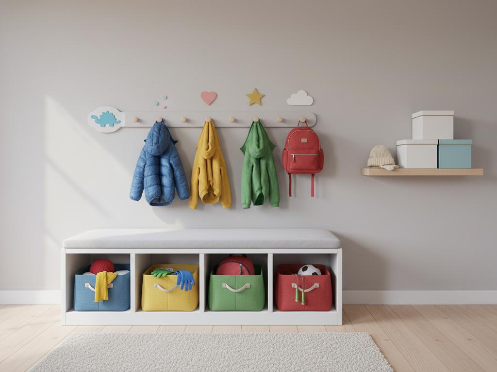 Fotorealistisches Bild eines schmalen Flurs mit platzsparender Familiengarderobe, vertikaler Aufteilung für Eltern und Kinder, Haken in verschiedenen Höhen und persönlichen Bereichen für jedes Kind.