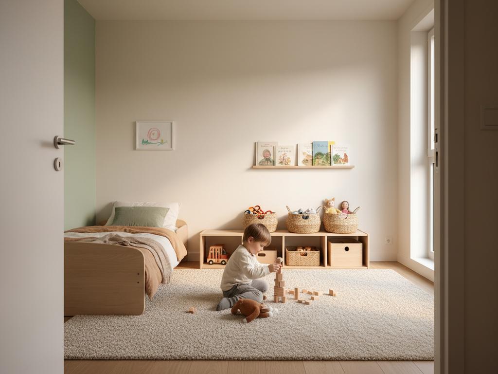 Fotorealistische Darstellung eines minimalistischen Kinderzimmers mit ruhigem Farbkonzept, klarer Spielzone und durchdachtem Stauraum, das zeigt, wie weniger Spielzeug für mehr Konzentration sorgt.