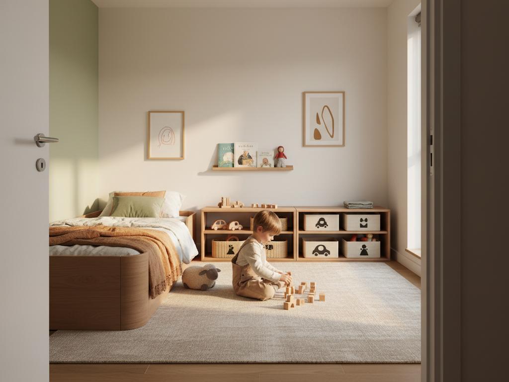 Fotorealistisches Detailbild eines minimalistischen Kinderzimmer-Regals mit klaren Kategorien, Boxen und ruhigem Farbkonzept als Inspiration für Ordnung und Stauraum.