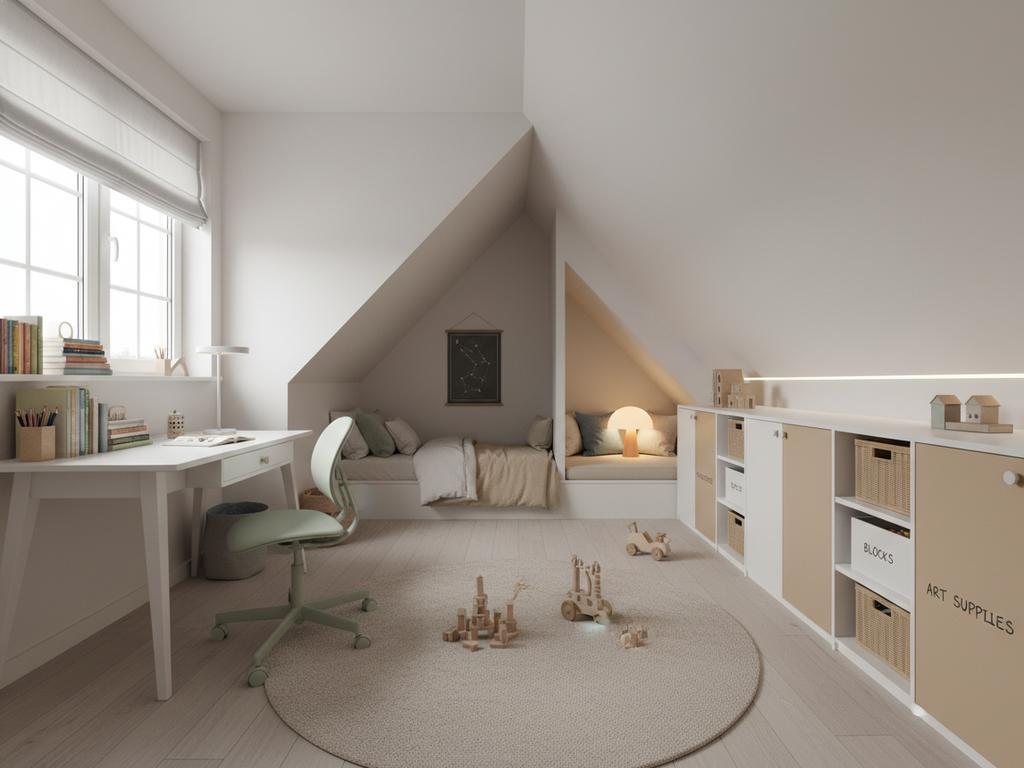 Fotorealistische Ansicht eines modern eingerichteten Schulkindzimmers unter der Dachschräge mit Schreibtisch am Dachfenster, klaren Zonen für Lernen, Schlafen und Spielen sowie durchdachtem Stauraum im Kniestock.