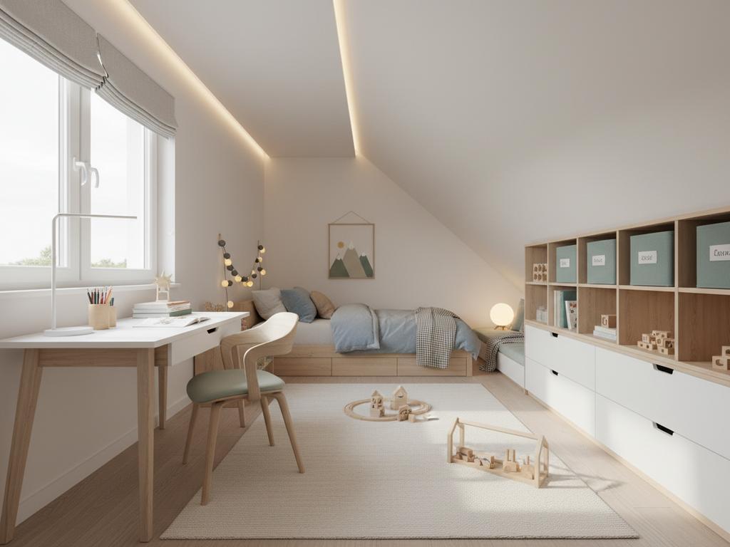 Fotorealistische Nahaufnahme einer gemütlichen Lese- und Kuschelecke im Kinderzimmer unter der Dachschräge mit weichen Textilien, indirektem Licht und kindgerechtem Stauraum.