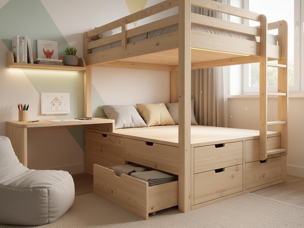 Ein modernes Hochbett mit Spielecke darunter als clevere Lösung für kleine Kinderzimmer unter zehn Quadratmetern.