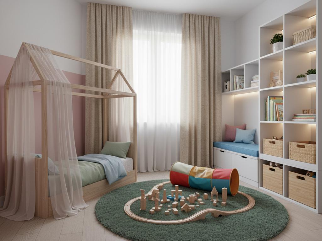 Fotorealistisches Kinderzimmer mit klarer Raumaufteilung, multifunktionalen Möbeln und pastellfarbener Wandgestaltung für kleine Räume.