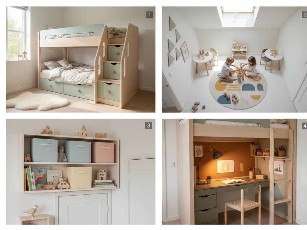 Fotorealistische Collage zeigt ein modernes Geschwisterzimmer mit kreativ genutztem Etagenbett, Stauraum und Spielzonen.