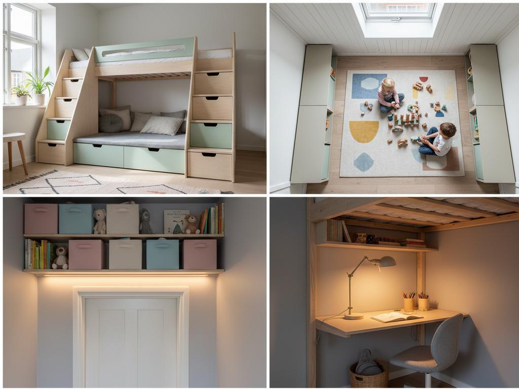 Bildcollage zeigt variantenreiche Lösungen zur Raumaufteilung in einem kleinen Kinderzimmer für zwei Kinder.