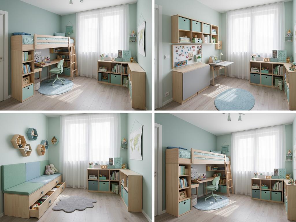 Ein kleines Kinderzimmer mit durchdachter Einrichtung: Hochbett, ausziehbarer Schreibtisch und kreative Stauraumlösungen in heller Farbgestaltung.