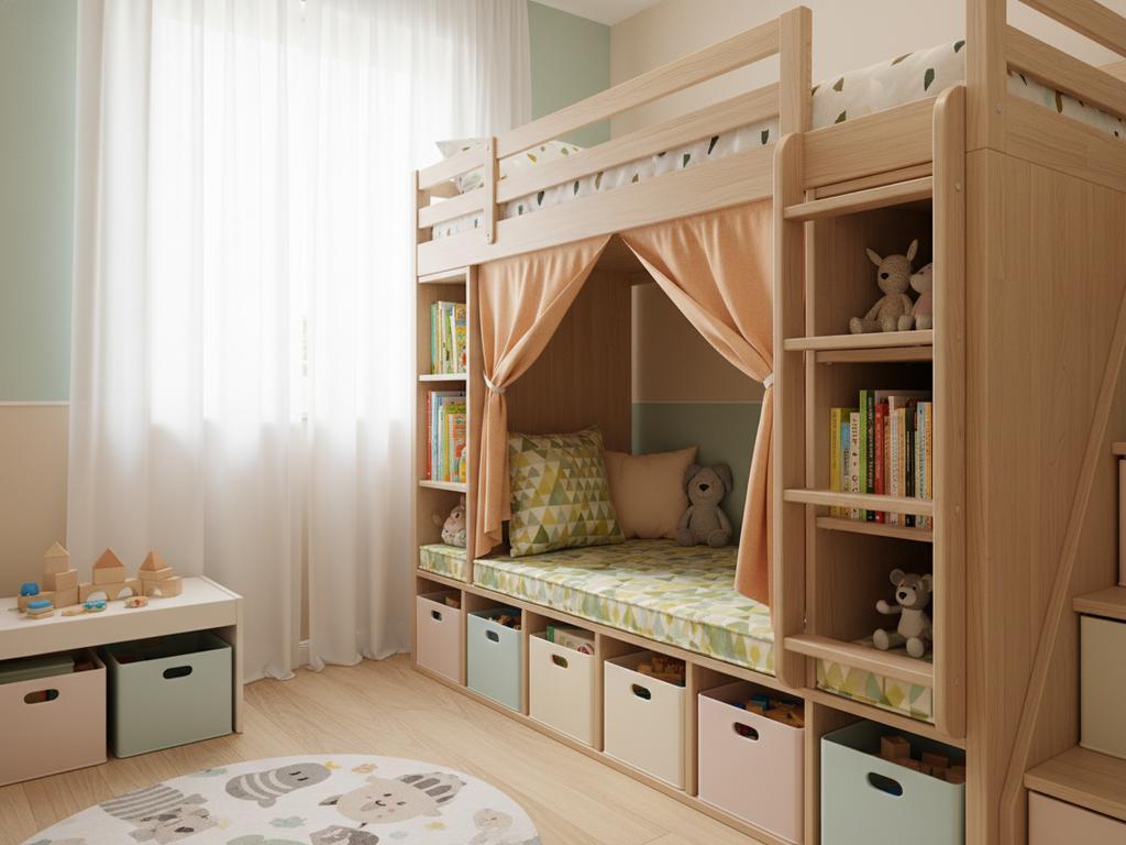 Ein kleines Kinderzimmer mit Hochbett und integriertem Spielbereich als platzsparendes Raumwunder, fotorealistisch inszeniert.