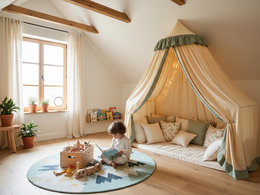 Ein liebevoll gestaltetes Kinderzimmer mit Dachschräge und Kuschelhöhle zeigt, wie man mit Zonen und Farben mehr Raumgefühl schafft.