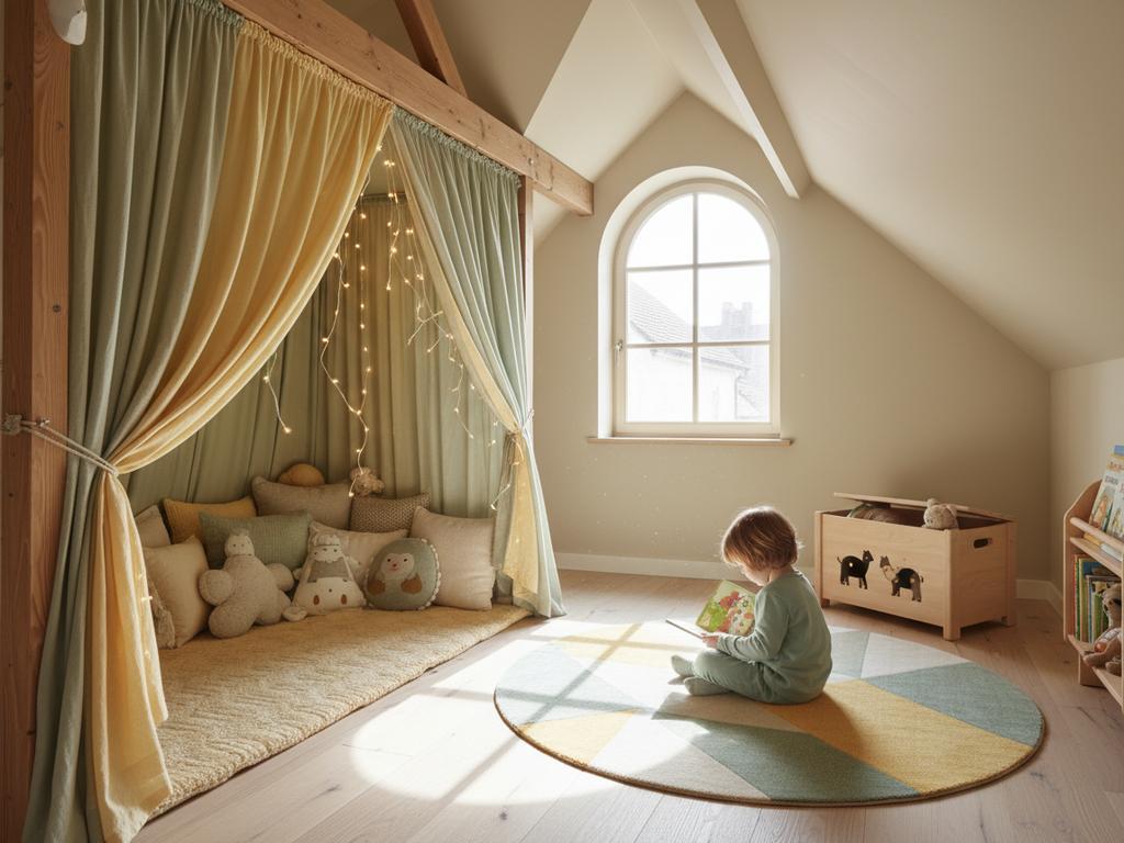 Ein funktionales Kinderzimmer im Dachgeschoss mit maßgeschneiderten Möbeln und cleverer Lichtgestaltung für kleine Räume.