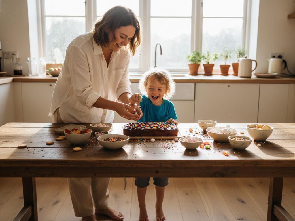 Mutter und Kind dekorieren gemeinsam einen bunten Kindergeburtstagskuchen mit einfacher, kreativer Kuchendeko auf einem gemütlichen Küchentisch.