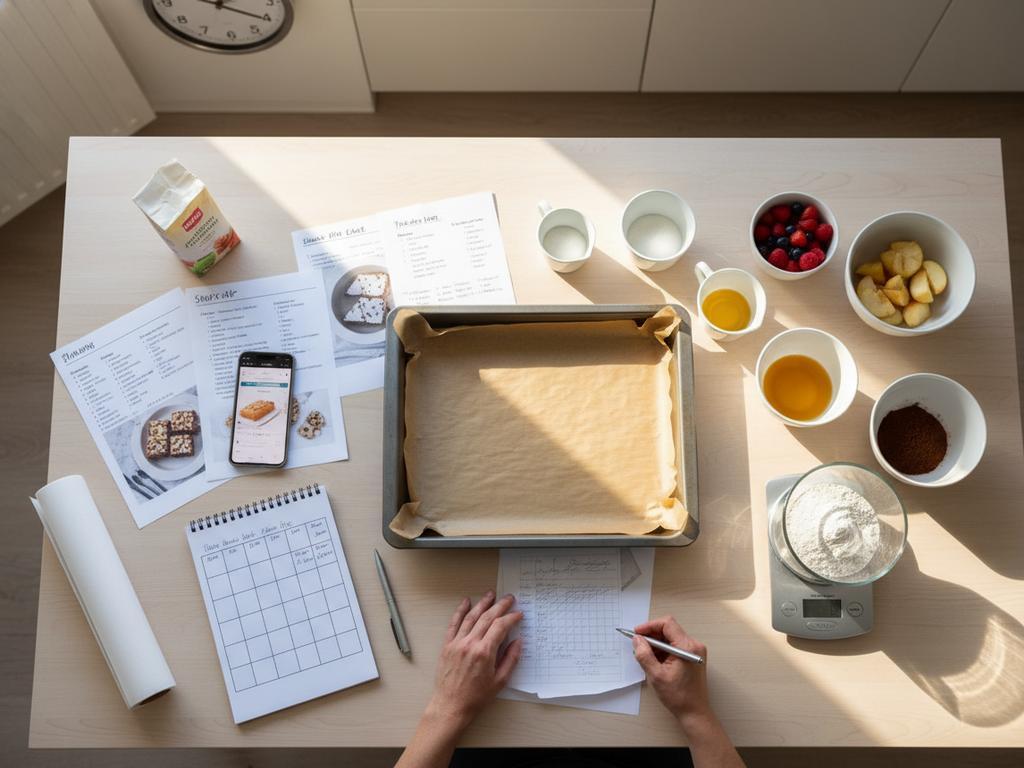Mutter plant mehrere Blechkuchen für ein Schulfest, mit Notizzettel, Zeitplan und Zutaten auf einem hellen Küchentisch.