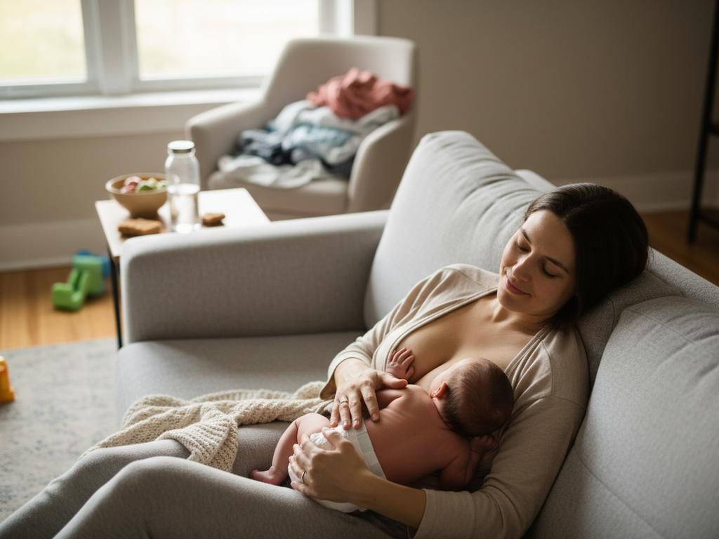 Übersichtliche Alltagsszene mit Mutter, Baby, Wasserflasche, gesunden Snacks und Milchpumpe als visuelle Erklärung für natürliche Wege zur Förderung der Milchbildung.