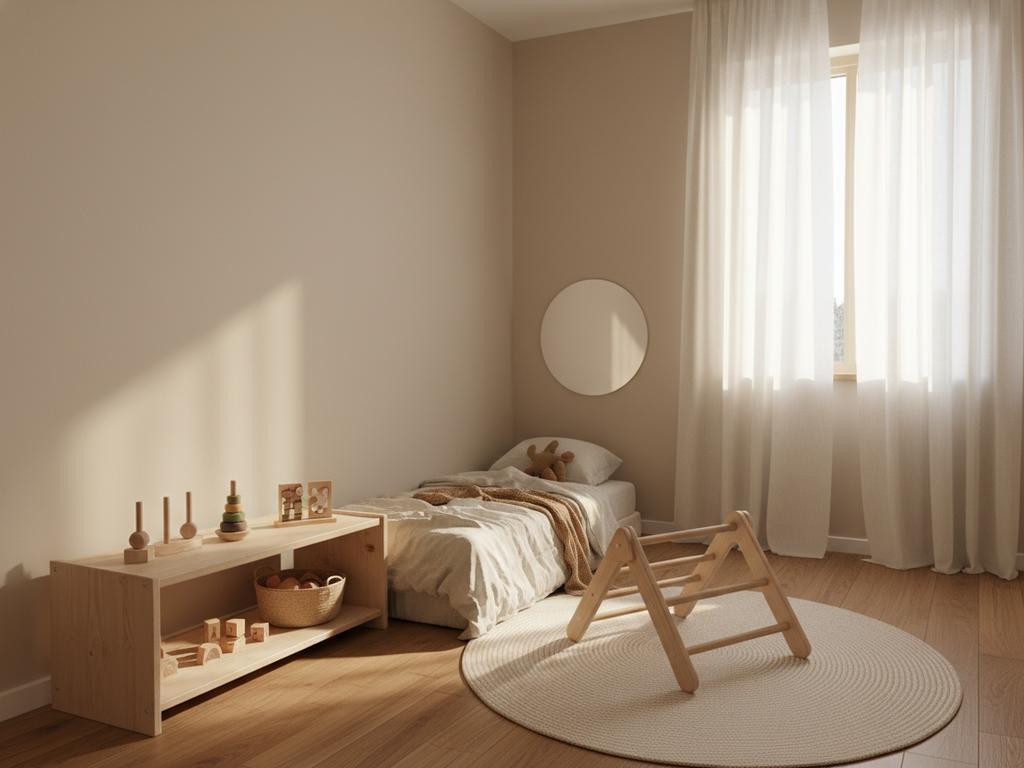 Fotorealistisches Montessori-Zimmer mit Bodenbett, offenen Regalen und klarer Struktur, ideal für kleine Wohnungen.