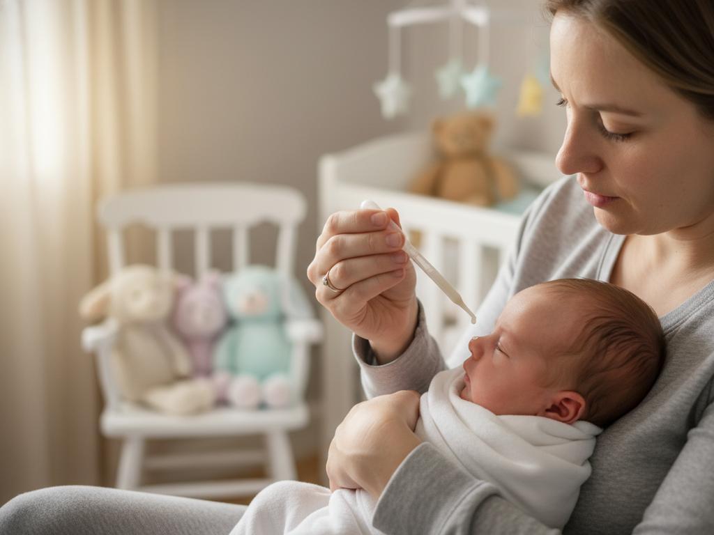 Fotorealistische Szene einer Mutter, die behutsam Muttermilch mit einer sterilen Pipette in die Nase ihres Babys tropft.