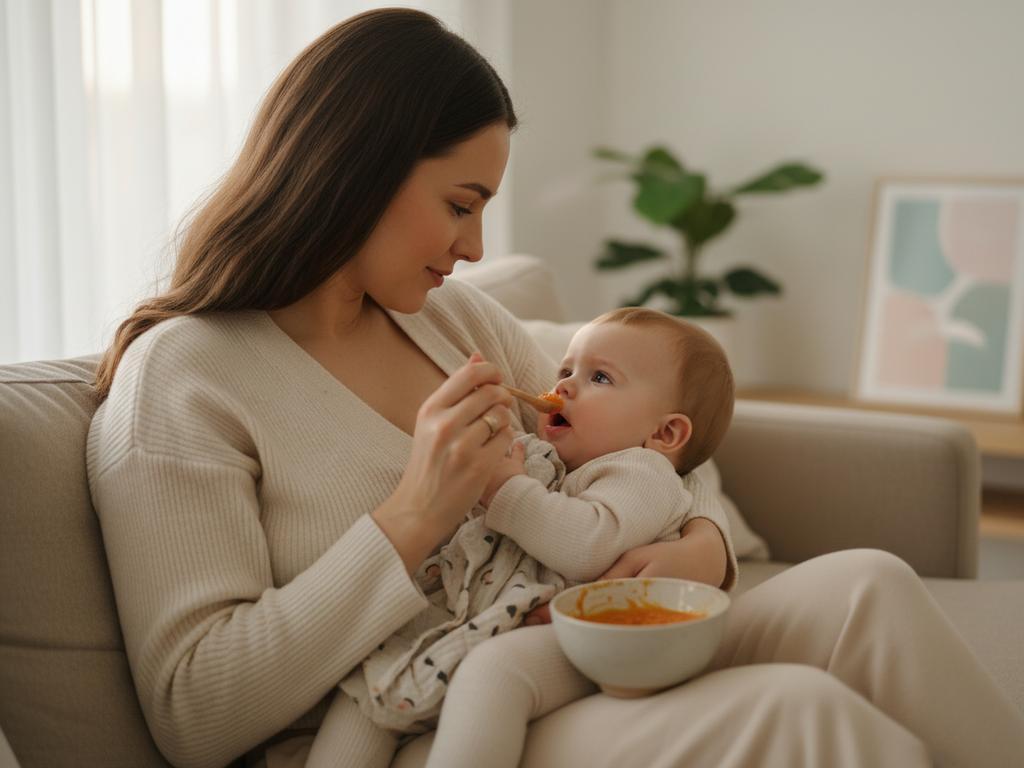 Mutter stillt ihr Baby auf dem Sofa und bietet ihm sanft die ersten Löffel Beikost an – ein entspannter, bindungsorientierter Übergang von Muttermilch zu Beikost.