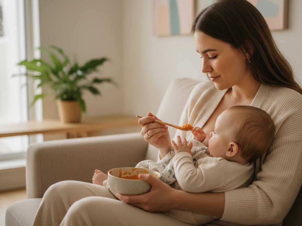 Überblick über einen Familientisch, an dem ein Baby im Hochstuhl Beikost mit Brei und Fingerfood entdeckt, während die Mutter im Hintergrund als sichere Bezugsperson präsent ist.