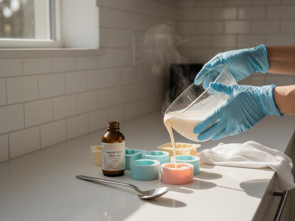 Fotorealistisches Bild der Seifenherstellung mit Muttermilch in einer heimischen Küche – Gießseife, Förmchen und sterile Werkzeuge