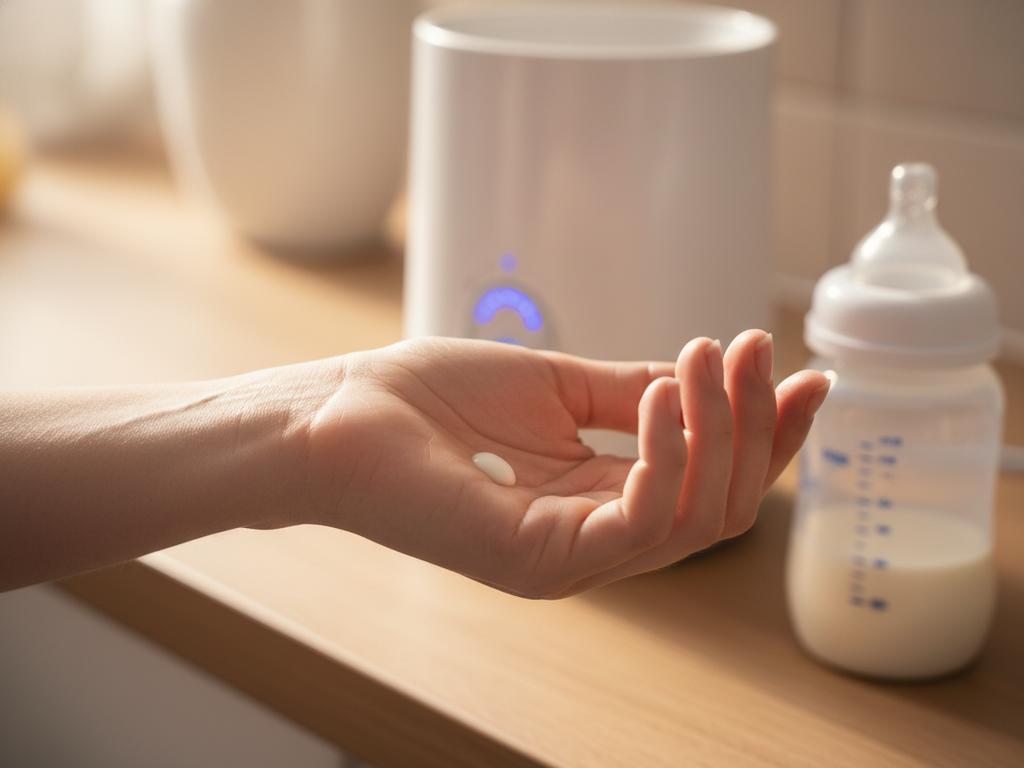 Farbneutrales, fotorealistisches Bild einer Mutterhand, die Muttermilch auf dem Handgelenk testet – ideal für Beiträge zur richtigen Temperatur von Muttermilch.