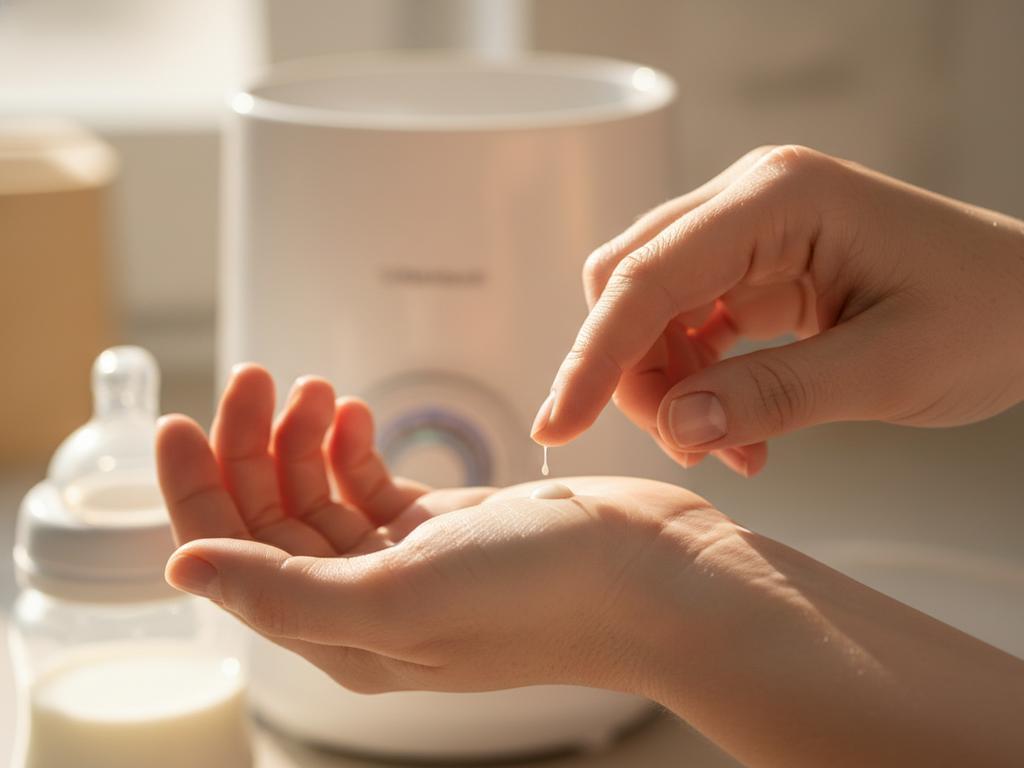 Ein fotorealistisches Szenenbild zeigt ein Baby beim Trinken aus der Flasche – Symbol für Nähe, Sicherheit und richtige Milchtemperatur.
